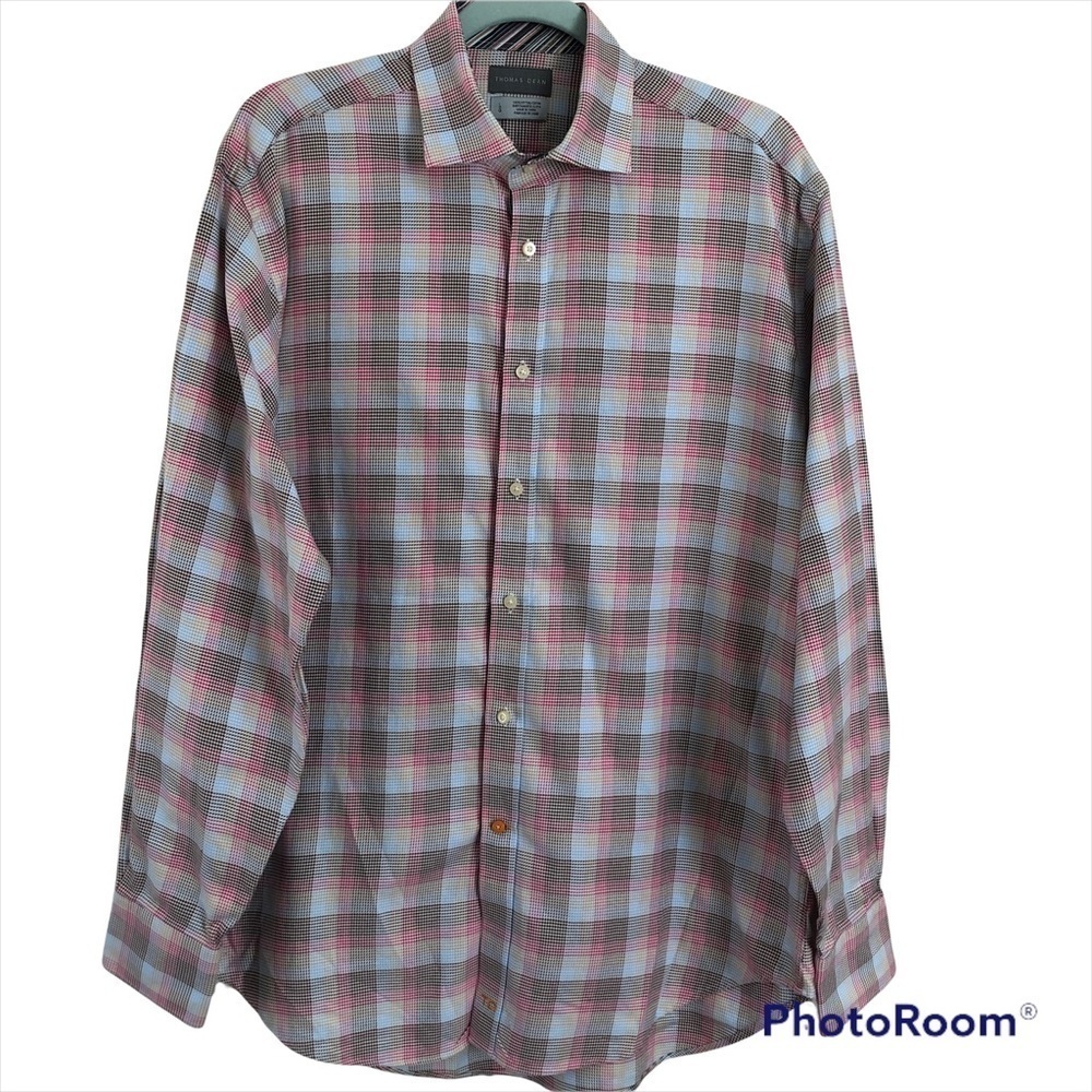 Thomas Dean Flip Cuff Plaid Cotton Button Down Size Large EUC